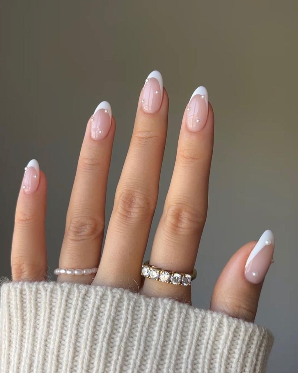Short Almond French Nails With Delicate Pearls — Trendy Bridal Nails