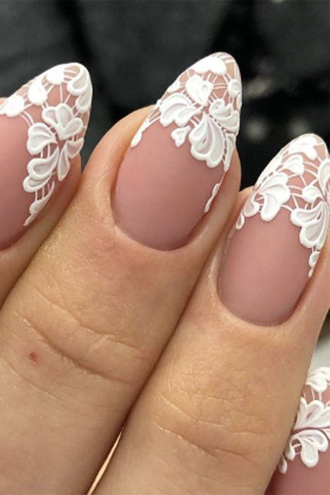 Matte Nude Almond Nails With Glossy Lace Art — Trendy Bridal Nails