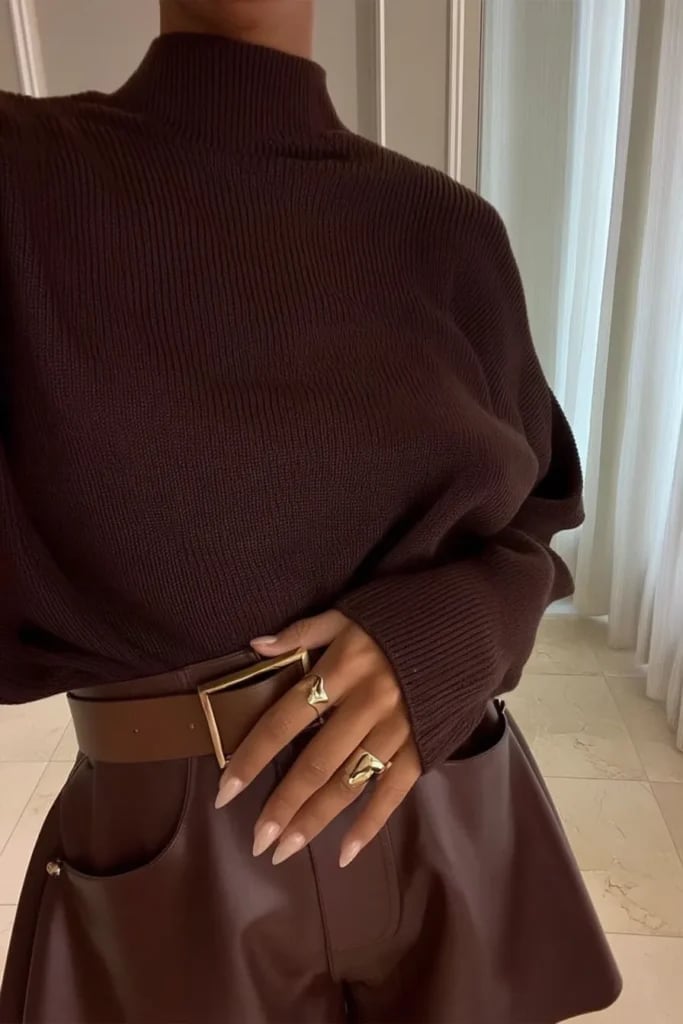 Dark Brown Sweater with Leather Shorts — Trendy Brown Outfits