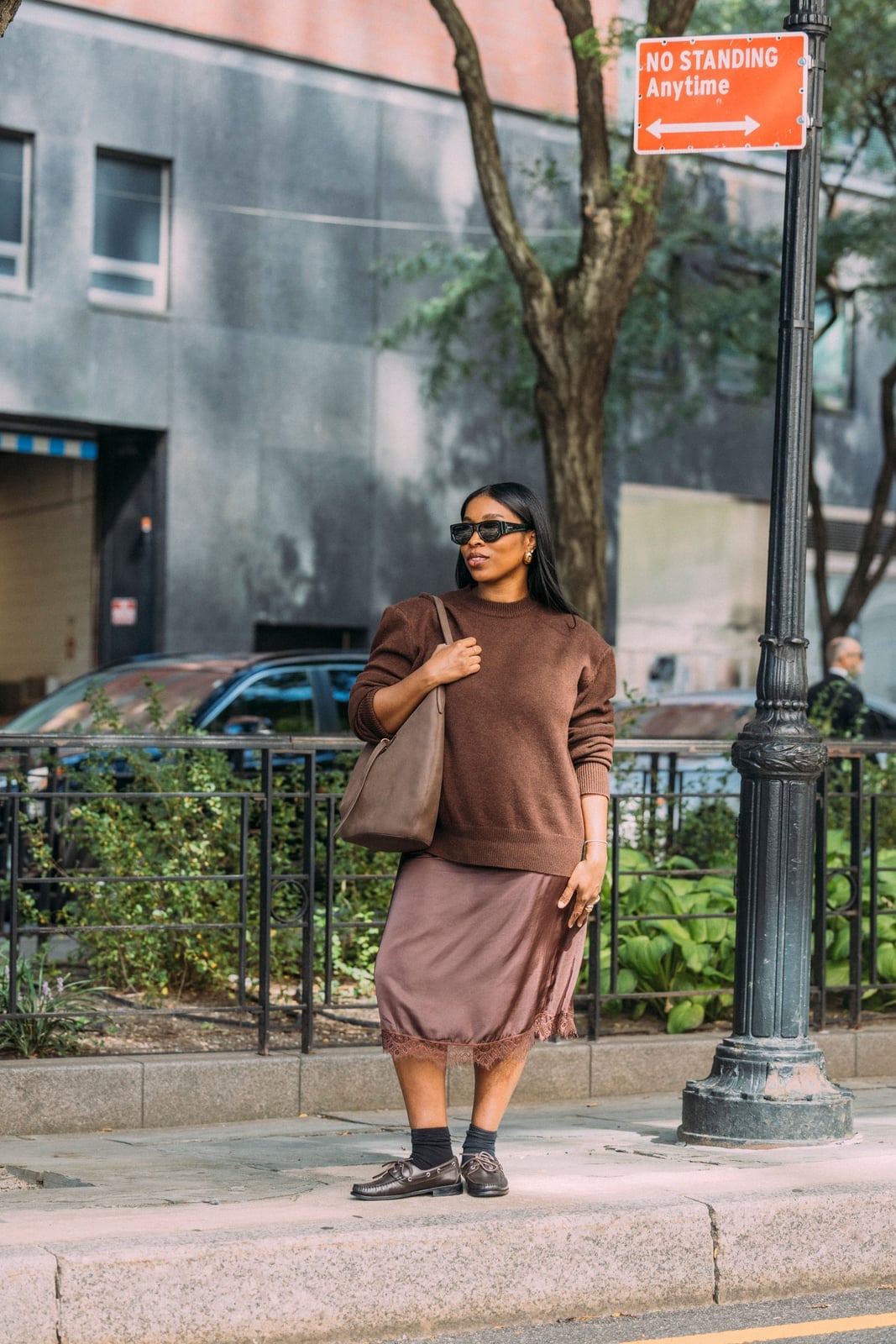 Brown Sweater with Satin Slip Skirt — Trendy Brown Outfits