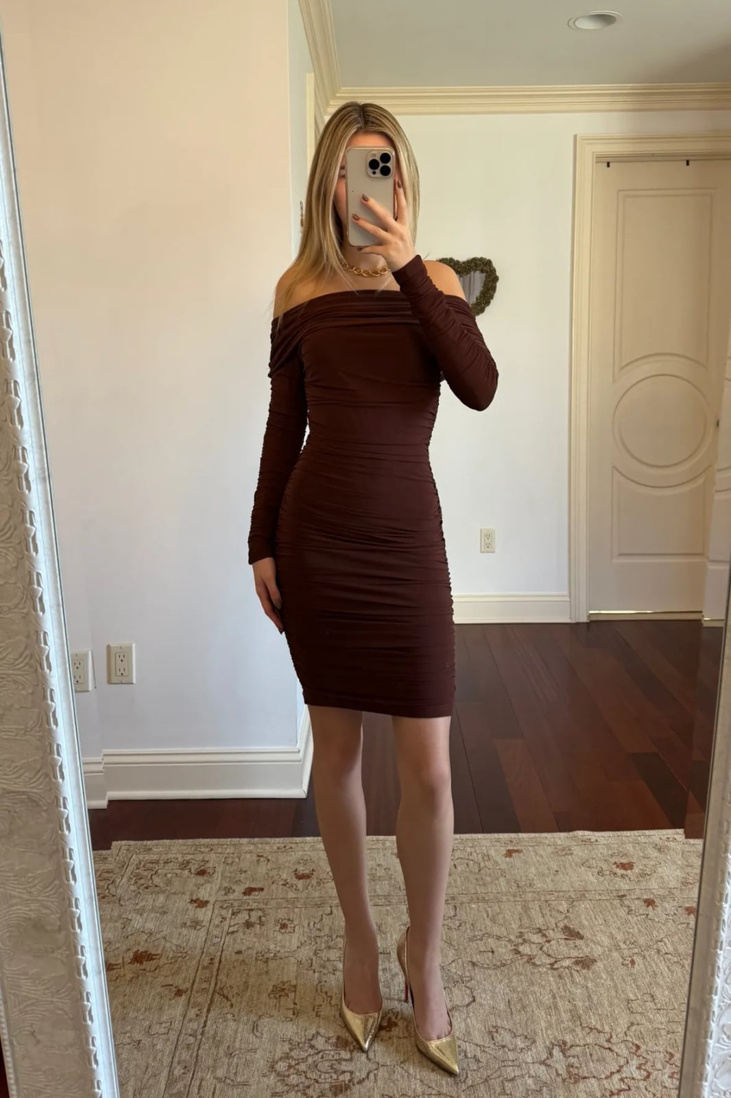 Brown Ruched Off-the-Shoulder Dress — Trendy Brown Outfits