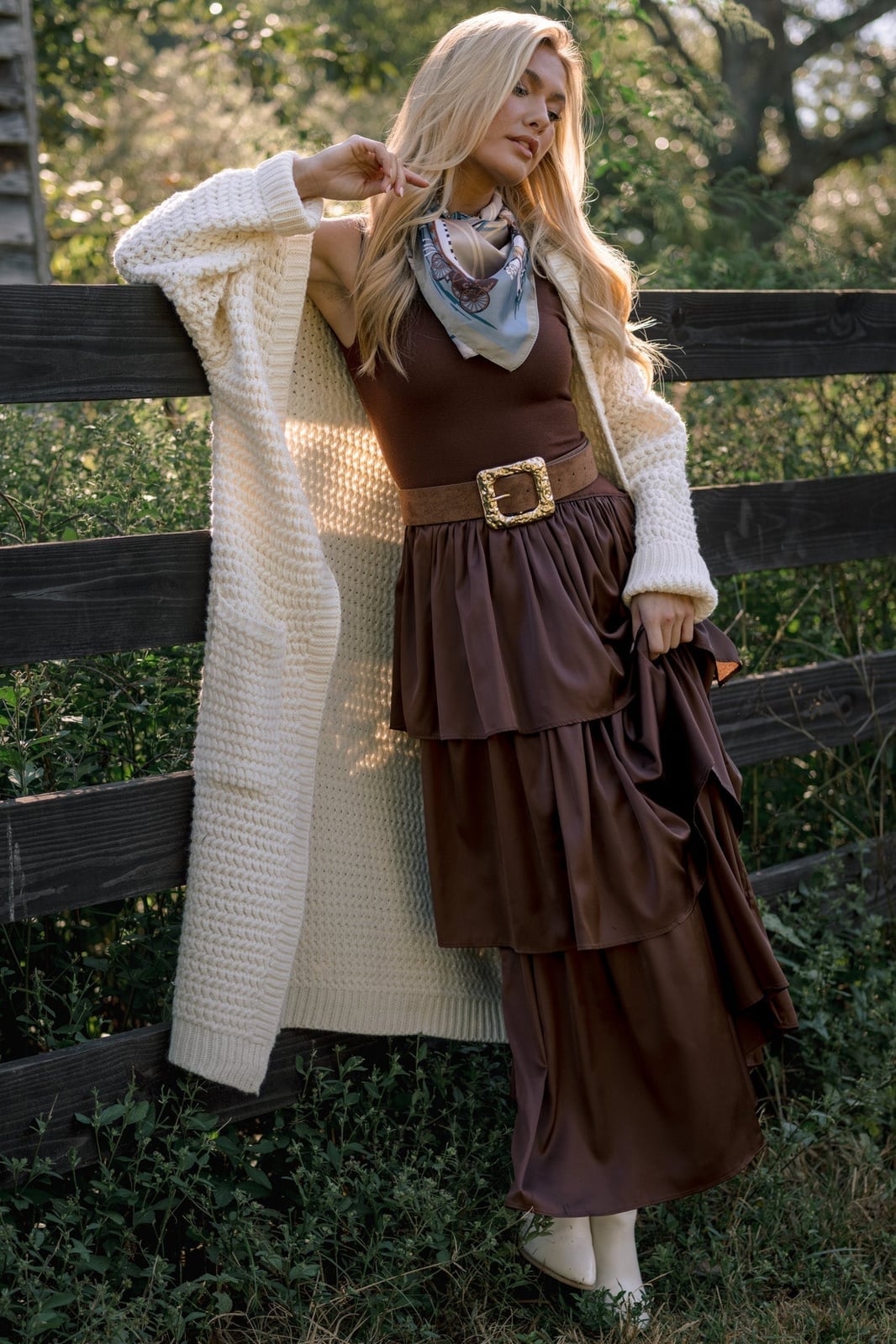 Brown Tiered Maxi Dress with Cardigan — Trendy Brown Outfits