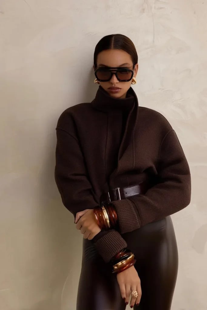 Oversized Turtleneck and Leather Pants — Trendy Brown Outfits