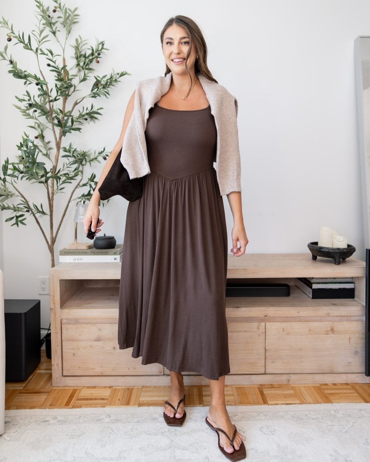Brown Midi Dress with Draped Cardigan — Trendy Brown Outfits