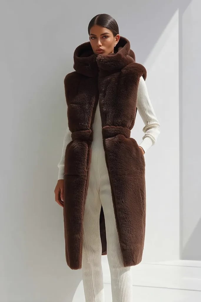 Long Hooded Faux Fur Vest Layering — Trendy Brown Outfits