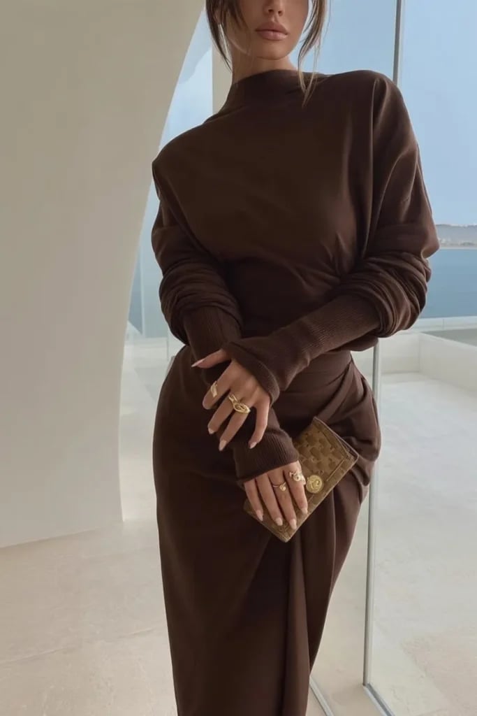 Brown Knit Dress with Statement Accessories — Trendy Brown Outfits