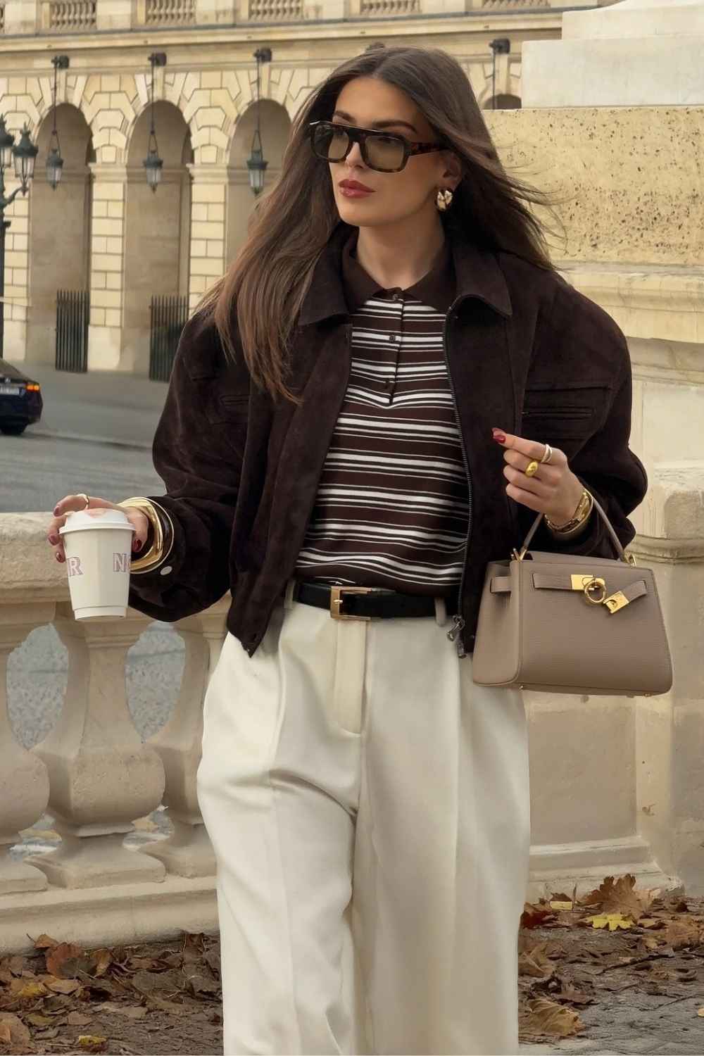 Suede Jacket with Striped Polo and Trousers — Trendy Brown Outfits