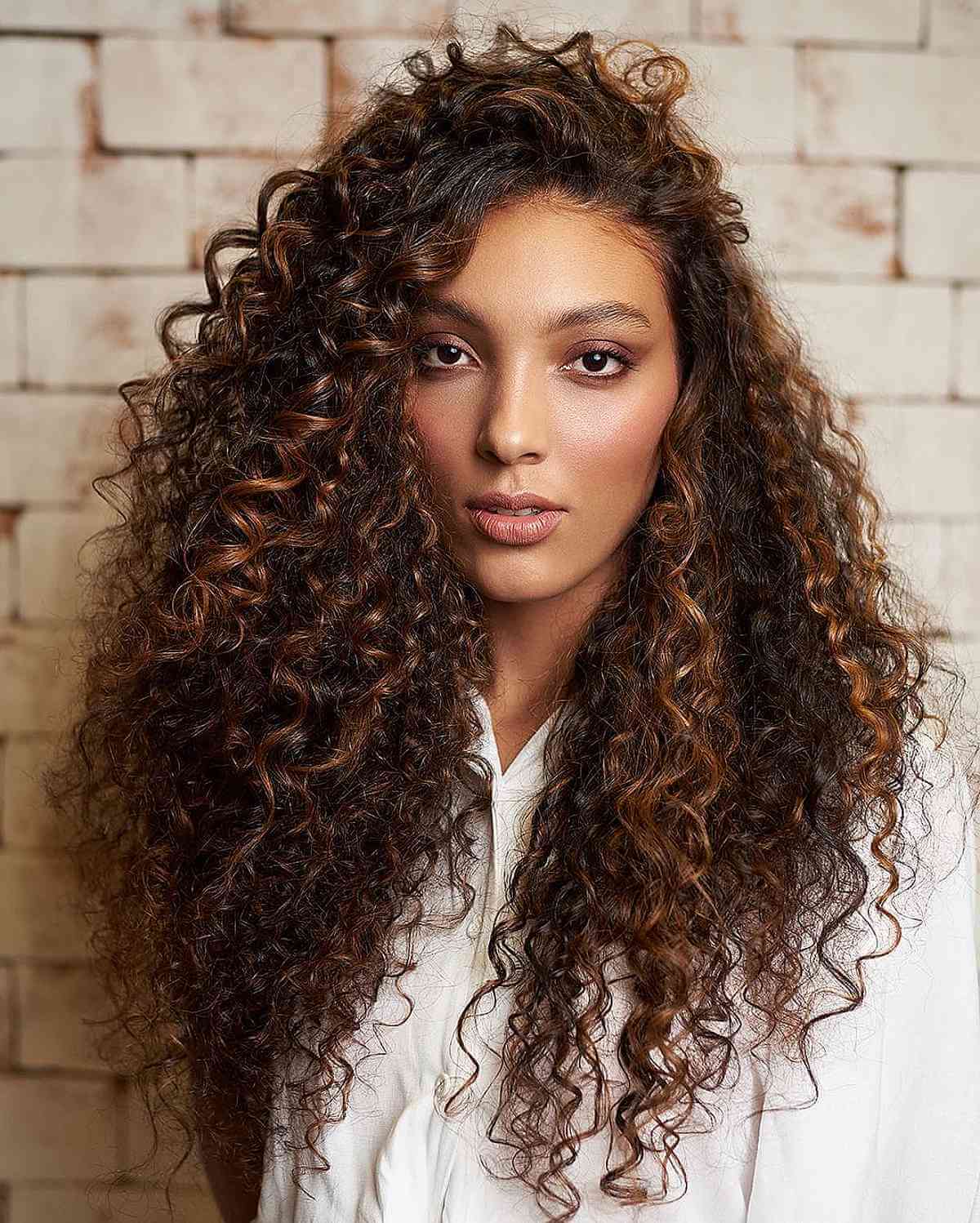 Dark Brown With Honey and Caramel Highlights — Trendy Curly Hair Color