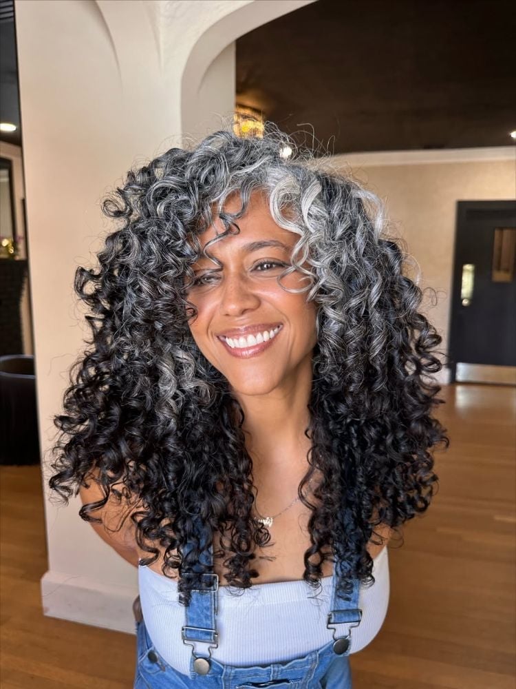 Black With Natural Gray Streaks — Trendy Curly Hair Color