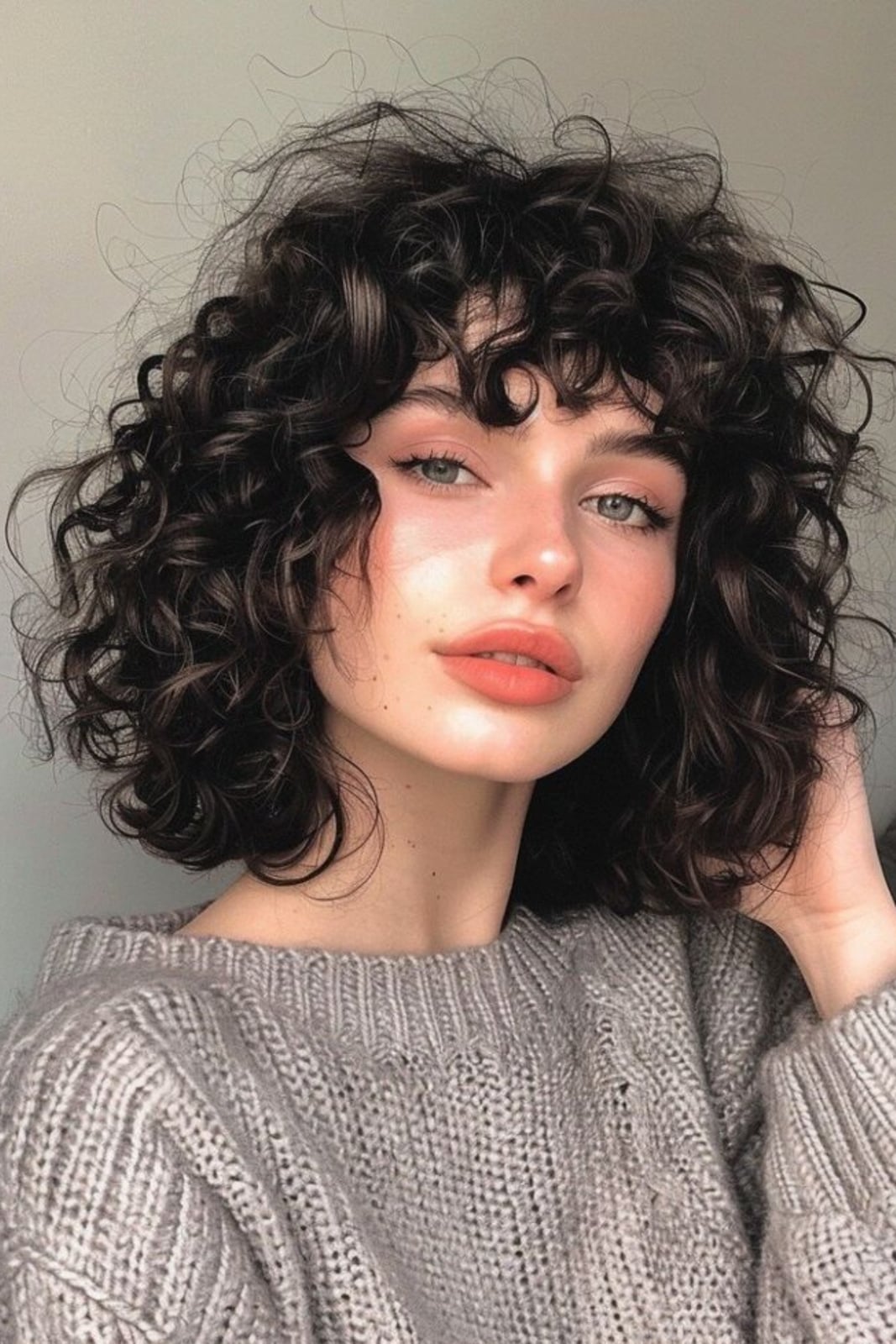 Short Dark Brown Bob with Curly Bangs Short Dark Brown Bob with Curly Bangs — Trendy Curly Hair Down