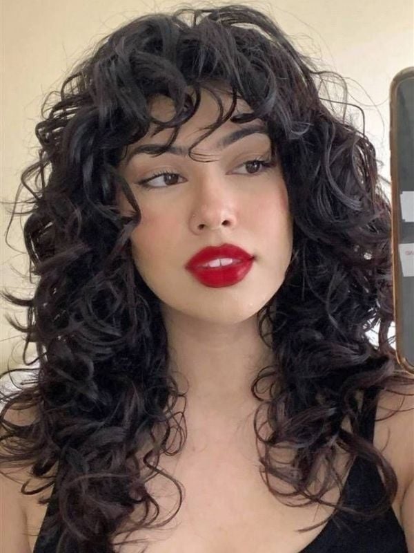 Thick Curly Shag with Full Bangs Thick Curly Shag with Full Bangs — Trendy Curly Hair Down