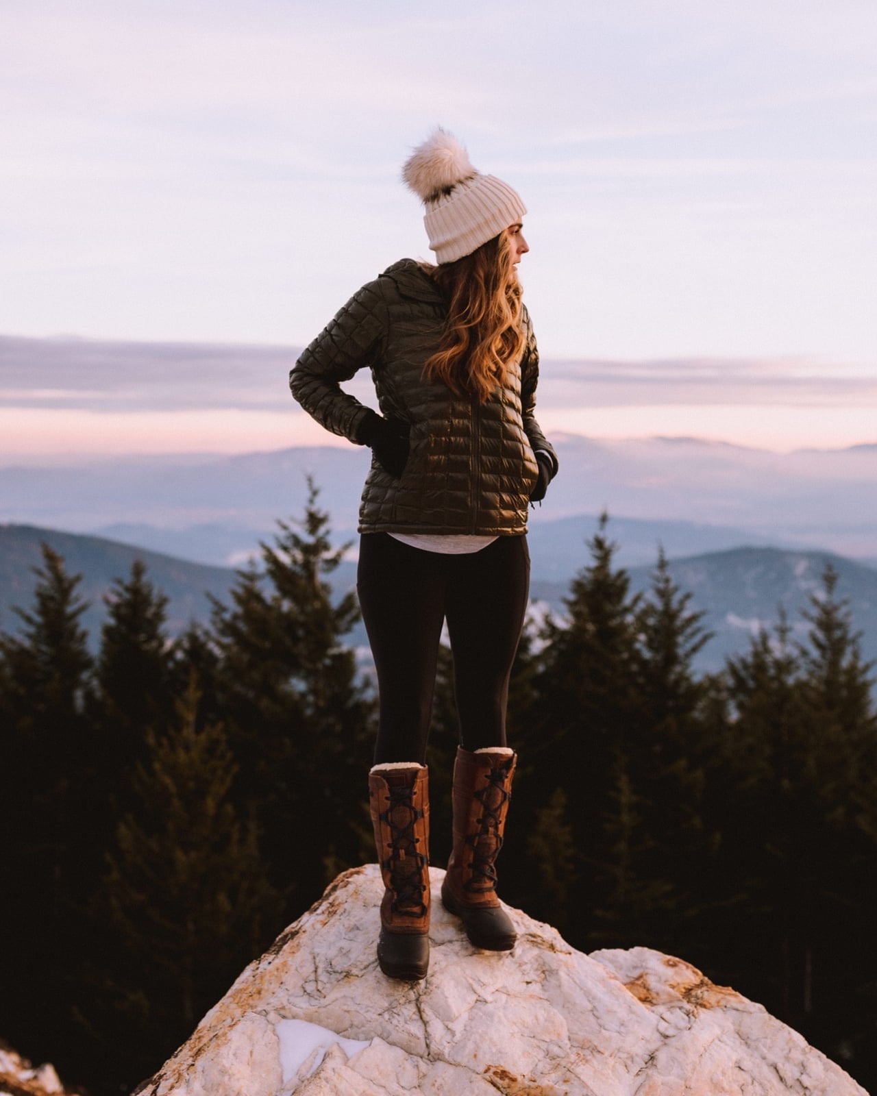 Olive Puffer Jacket with Tall Patterned Boots — Trendy Cute Hiking Outfit