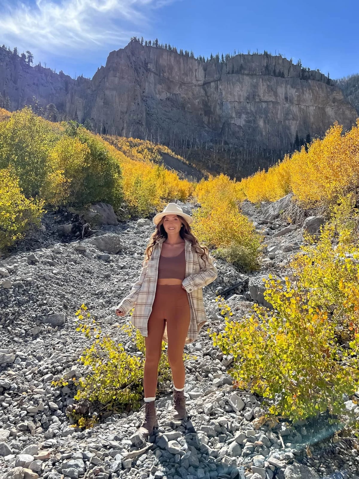 Oversized Plaid Shirt with Rust Crop Top and Leggings — Trendy Cute Hiking Outfit