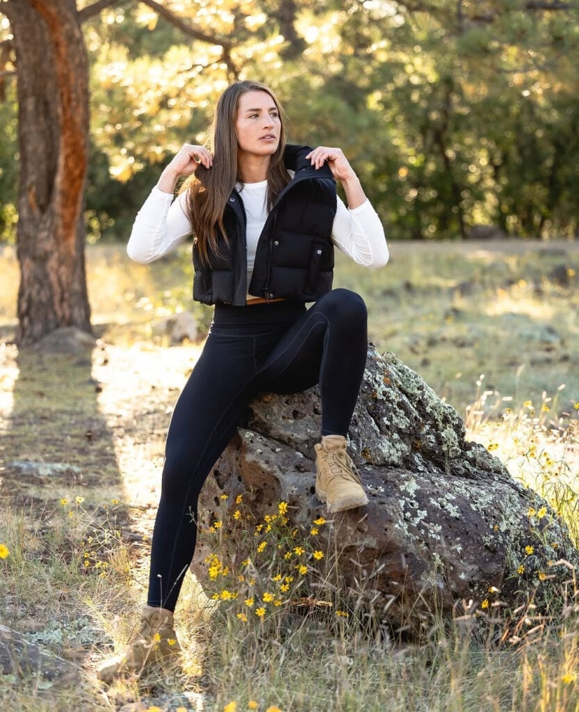 Black Cropped Puffer Vest with White Shirt and Leggings — Trendy Cute Hiking Outfit