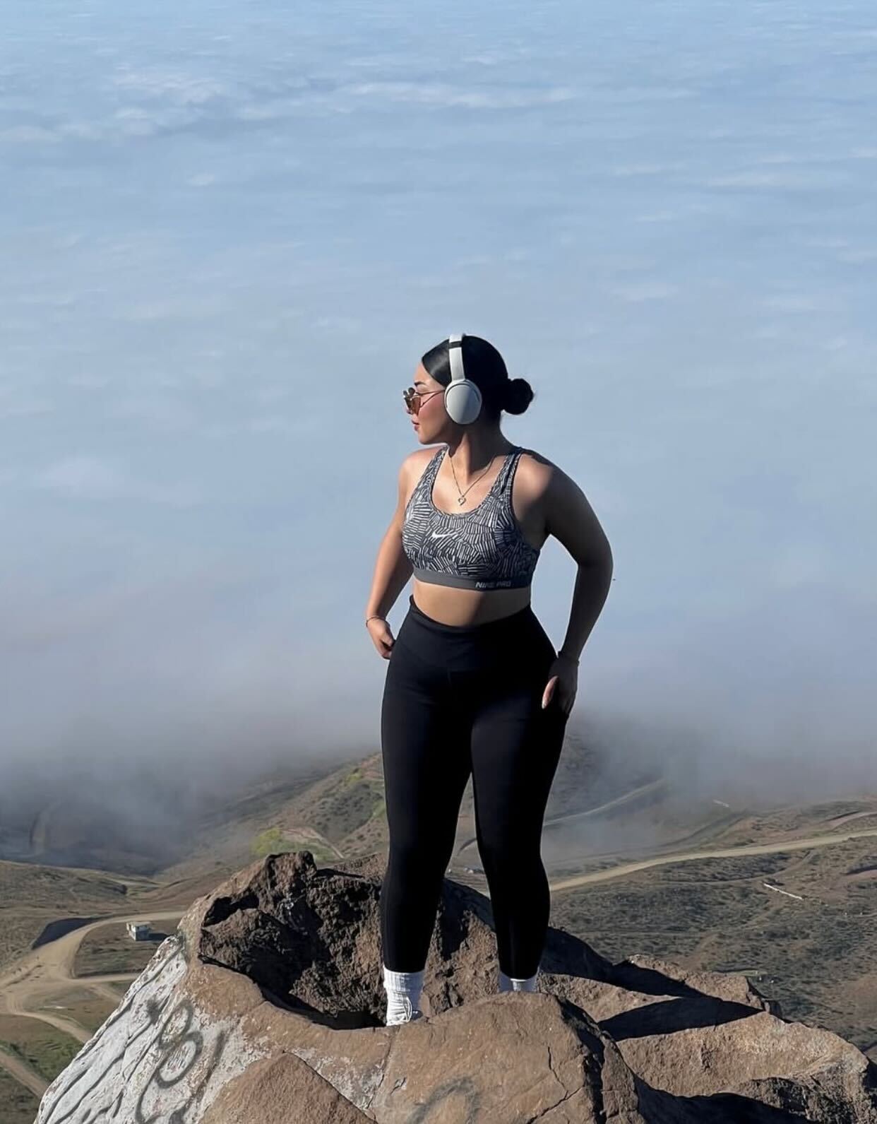 Black Leggings with Patterned Sports Bra — Trendy Cute Hiking Outfit