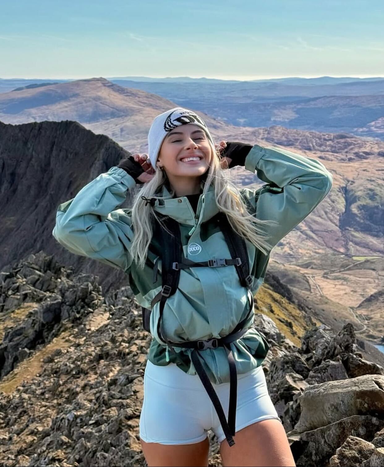 Mint Green Jacket with White Shorts and Beanie — Trendy Cute Hiking Outfit
