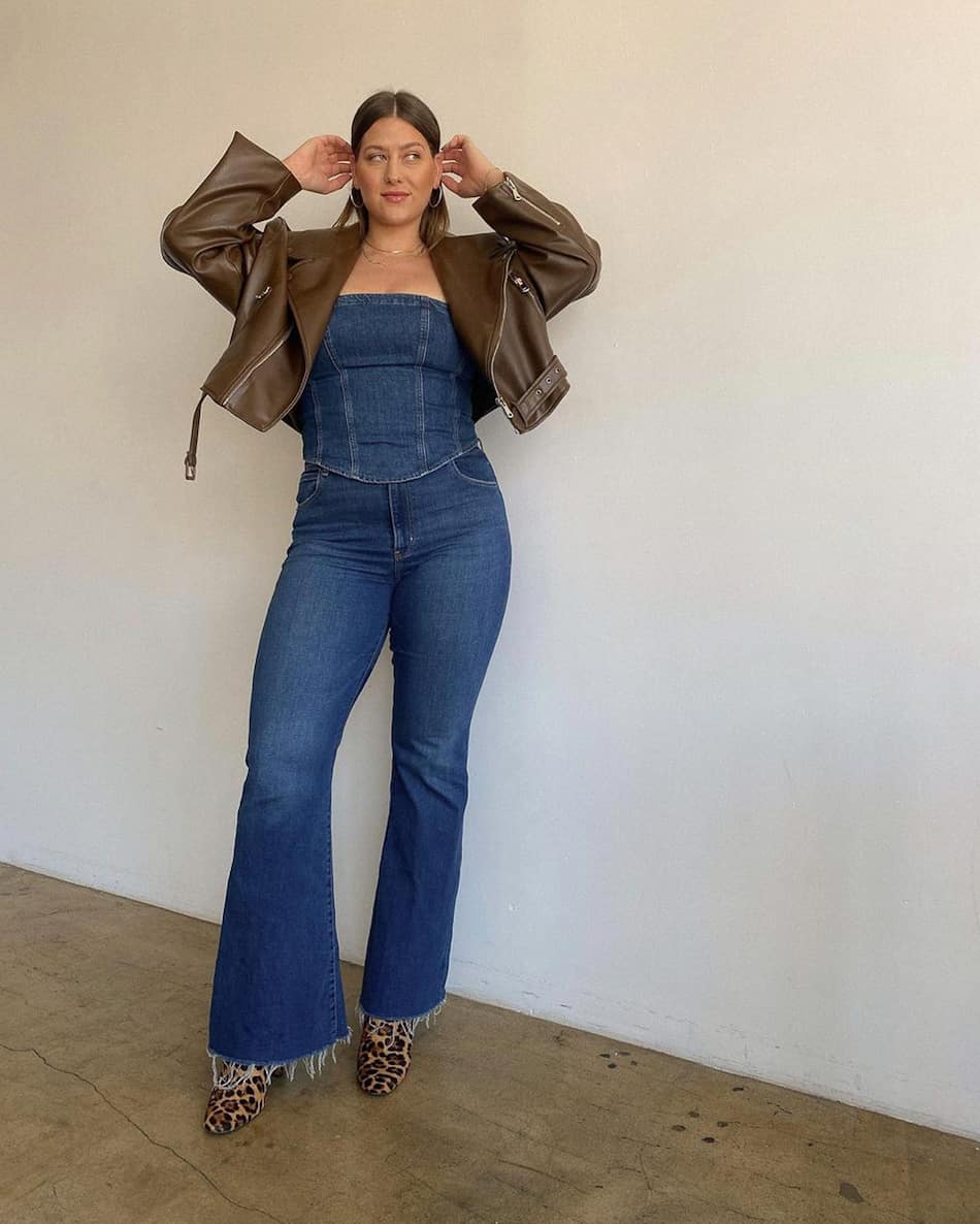 Denim Corset Top and Leather Jacket — Trendy Cute Jeans Outfit