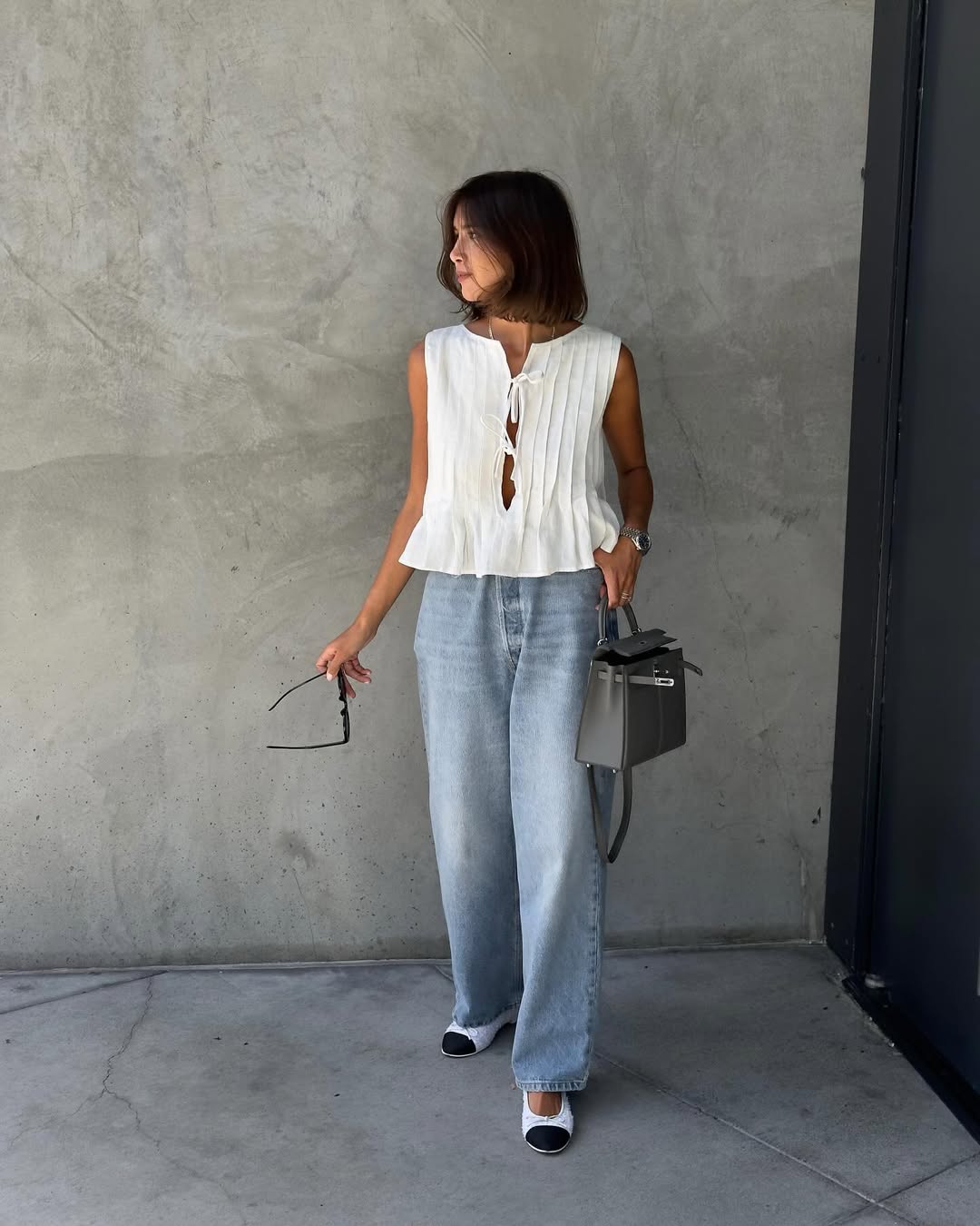 Pleated Top with High Waisted Wide Leg Jeans — Trendy Cute Jeans Outfit