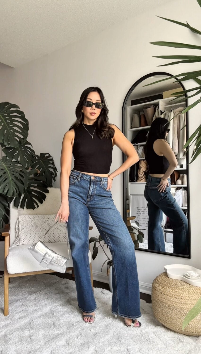 Cropped Tank with High Waisted Wide Leg Jeans for Evening — Trendy Cute Jeans Outfit