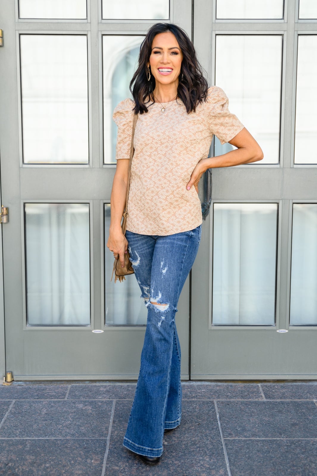 Distressed Flare Jeans with Puff Sleeve Top — Trendy Cute Jeans Outfit