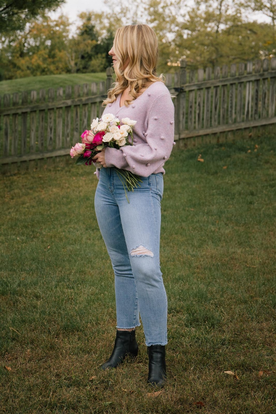 Light Purple Sweater with Distressed Light Blue Jeans — Trendy Cute Jeans Outfit
