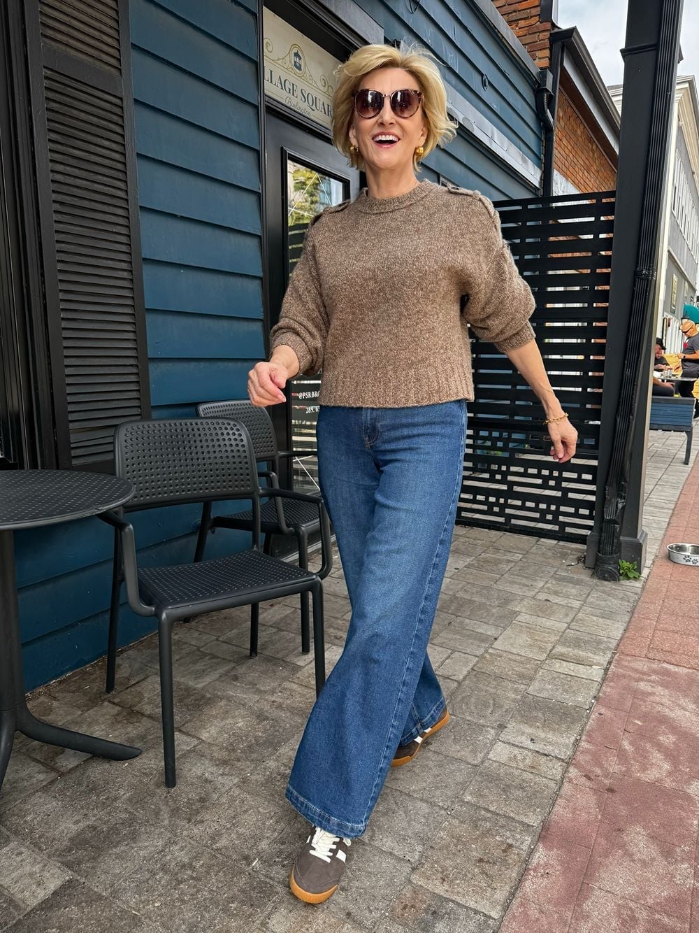 Brown Knit Sweater with Dark Wash Wide Leg Jeans, Denim — Trendy Cute Jeans Outfit