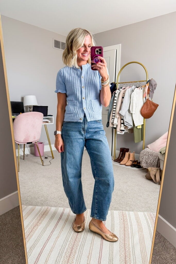 Textured Cardigan and Barrel Jeans — Trendy Cute Jeans Outfit
