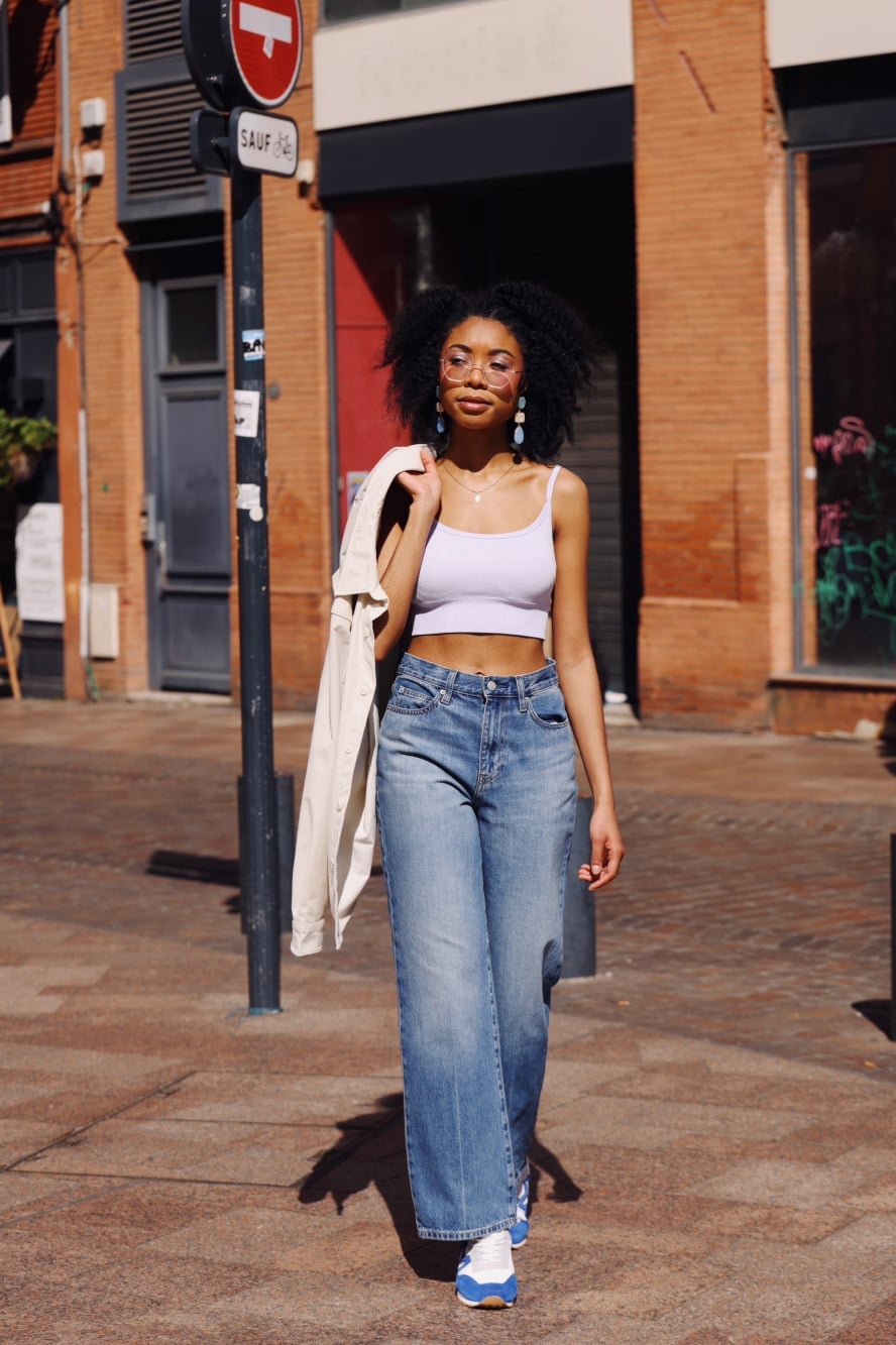 Distressed Wide Leg Jeans with Cream Jacket — Trendy Cute Jeans Outfit
