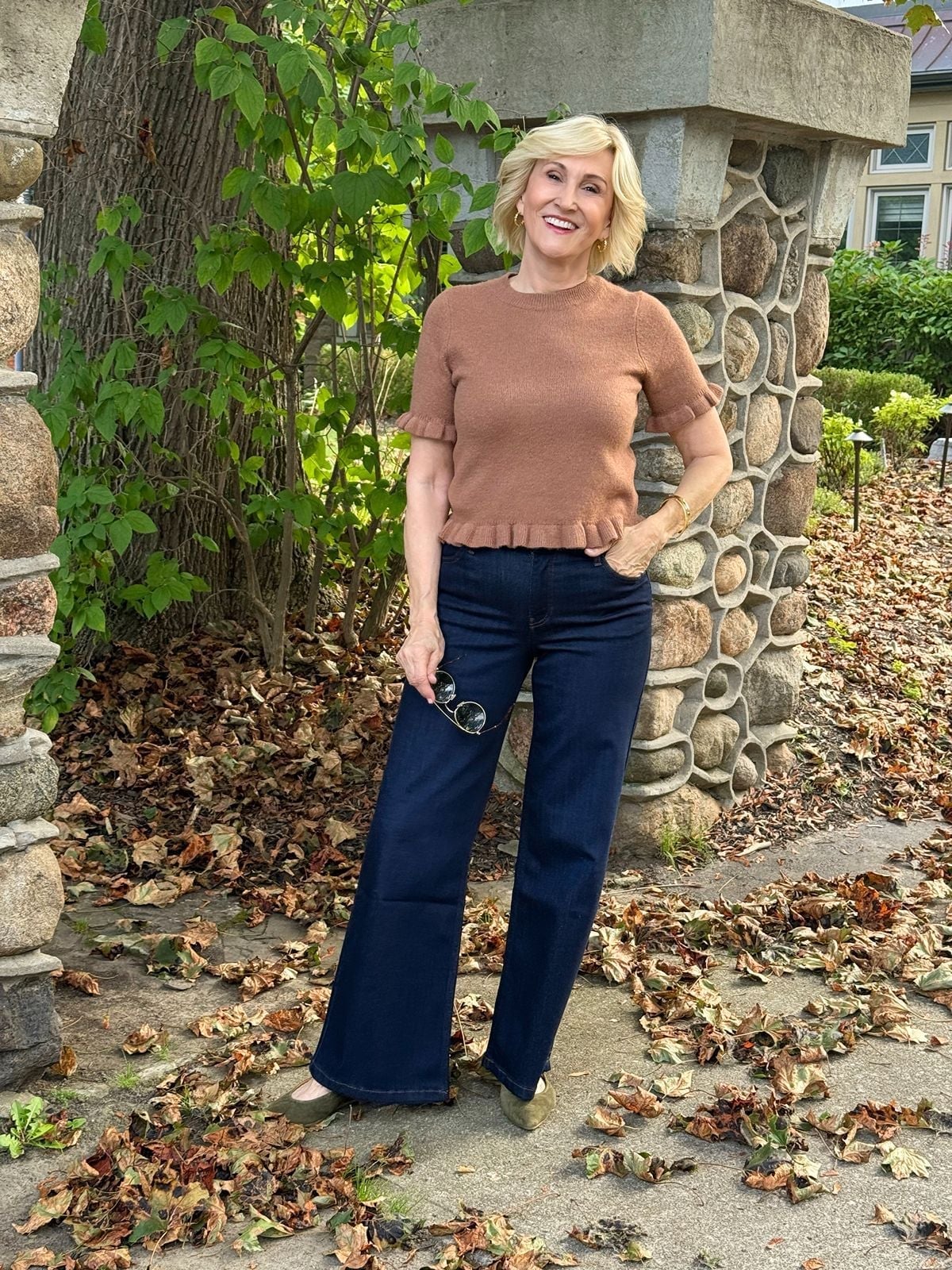 Ruffled Sweater with Dark Wash Wide Leg Jeans — Trendy Cute Jeans Outfit