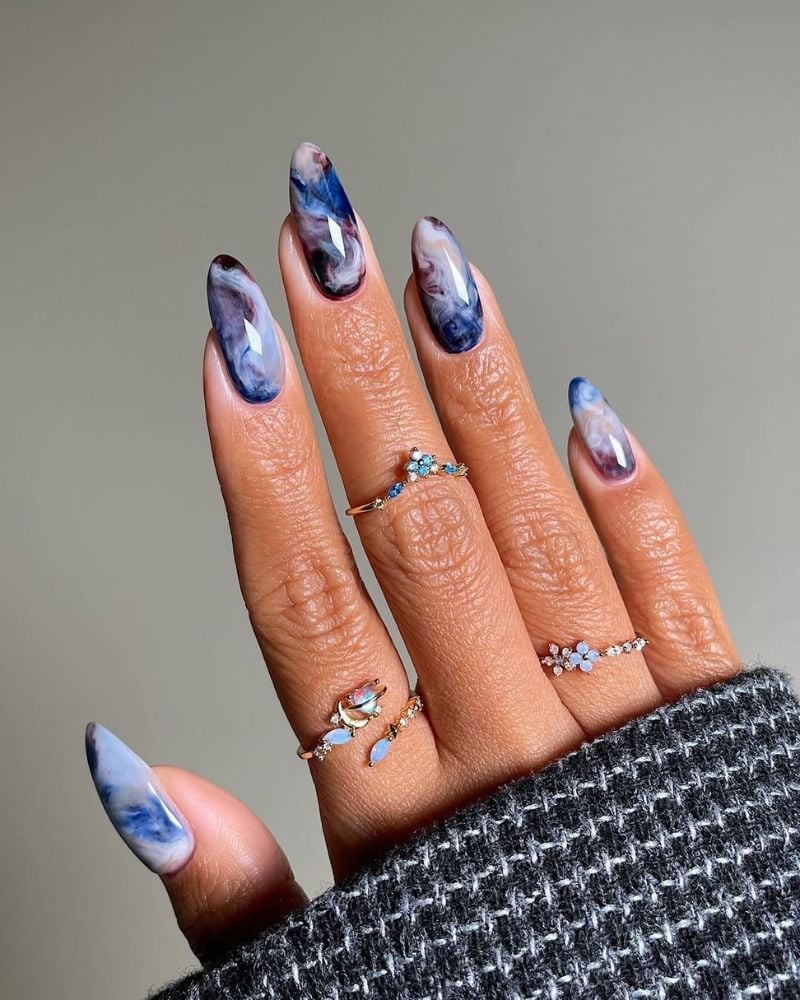 Dark Blue White Purple Marble Long Almond Nails — Trendy Dark Blue Nails