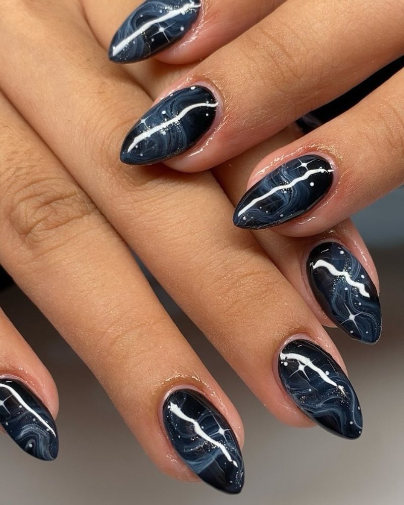 Nebula Gradient Dark Blue Oval Nails — Trendy Dark Blue Nails
