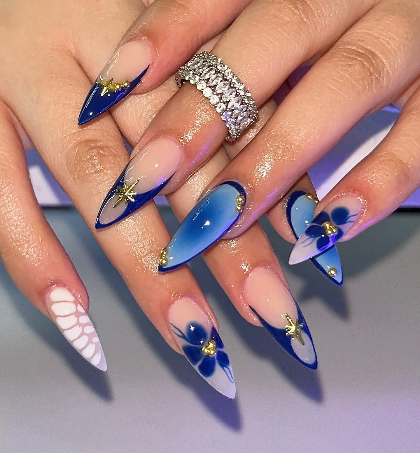 Ombre Floral Gold Stiletto Very Long Nails — Trendy Dark Blue Nails