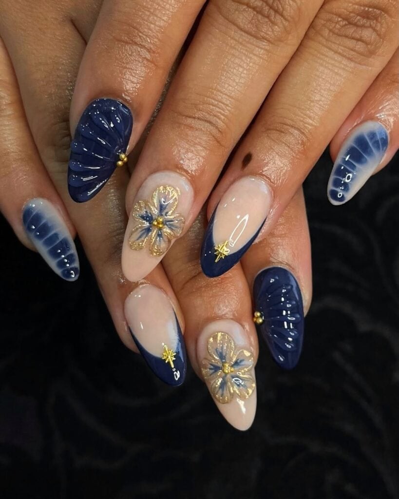 Blue White Ombre 3D Gold Floral Almond Oval Nails — Trendy Dark Blue Nails