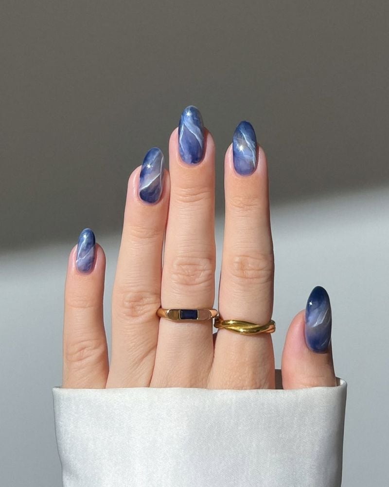 Swirls and Stars Deep Blue Medium Stiletto Nails — Trendy Dark Blue Nails