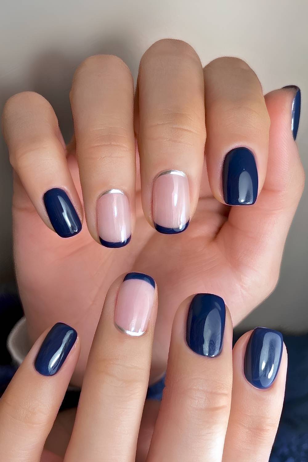 Navy Blue French Tip Silver Line Short Square Nails — Trendy Dark Blue Nails