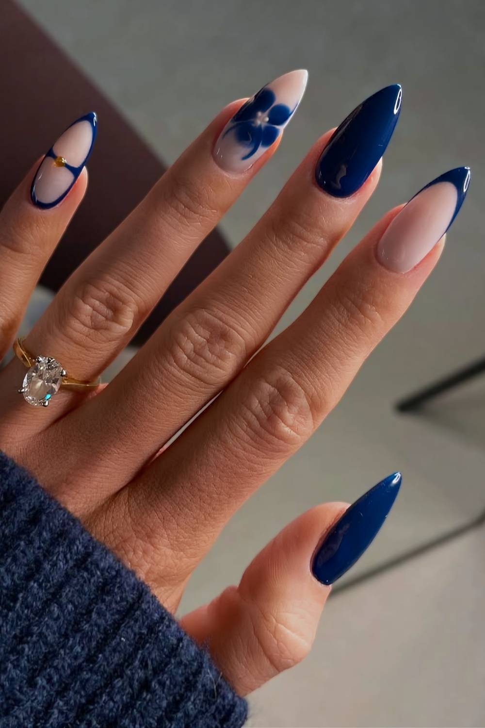 Navy Blue French Tip Gold Accent Long Almond Nails — Trendy Dark Blue Nails