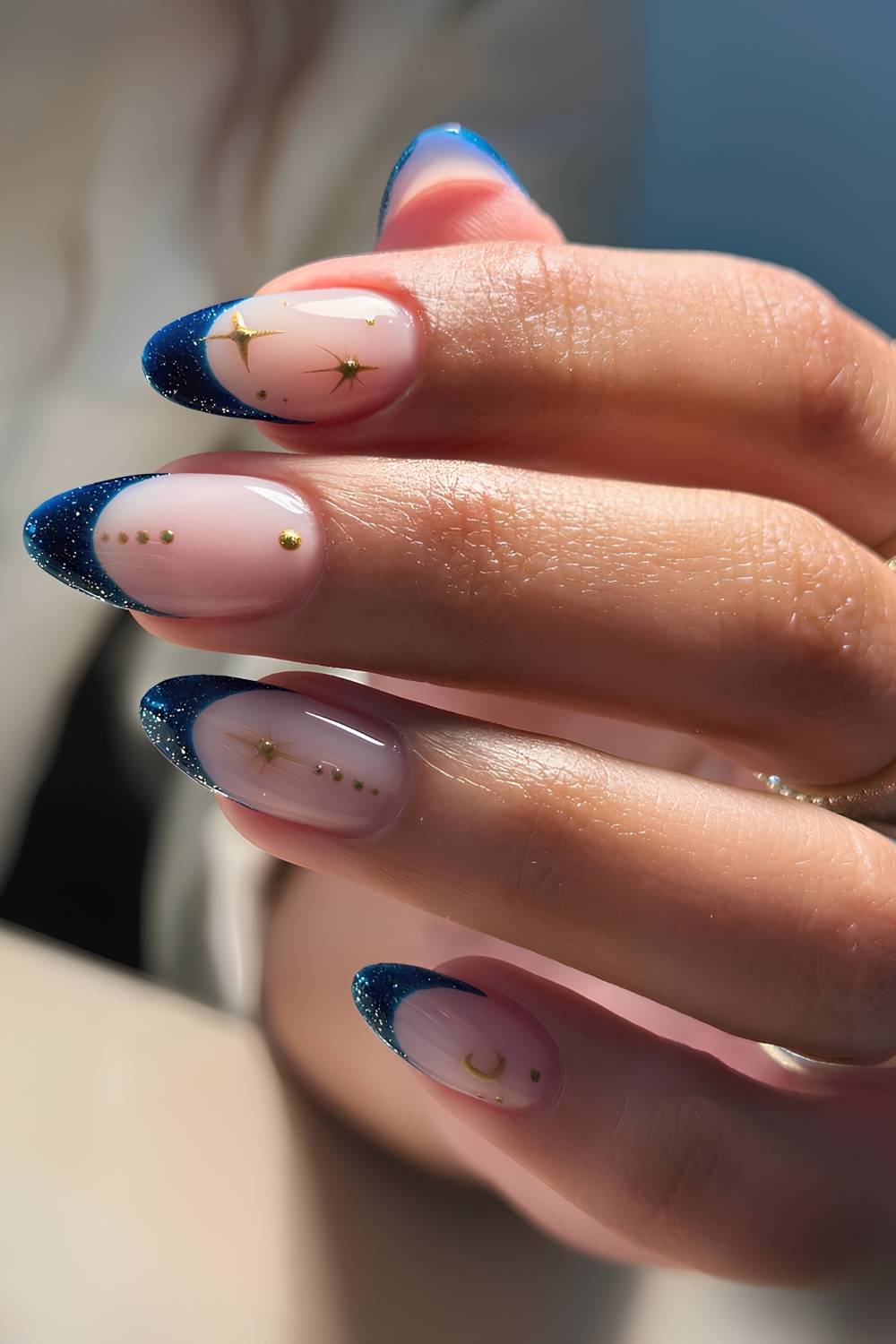 Dark Blue Glitter French Tip Gold Stars Medium Almond Nails — Trendy Dark Blue Nails