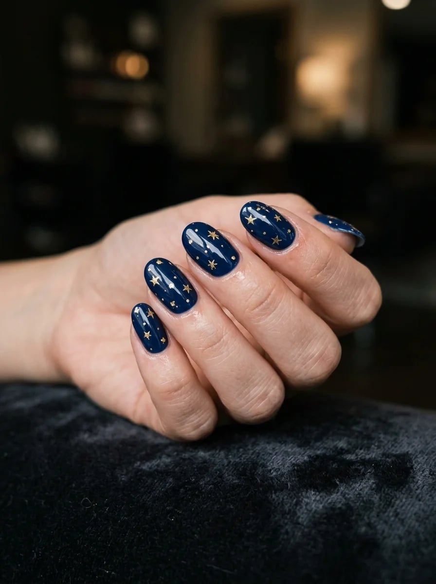 Gold Stars Dark Blue Medium Oval Nails — Trendy Dark Blue Nails