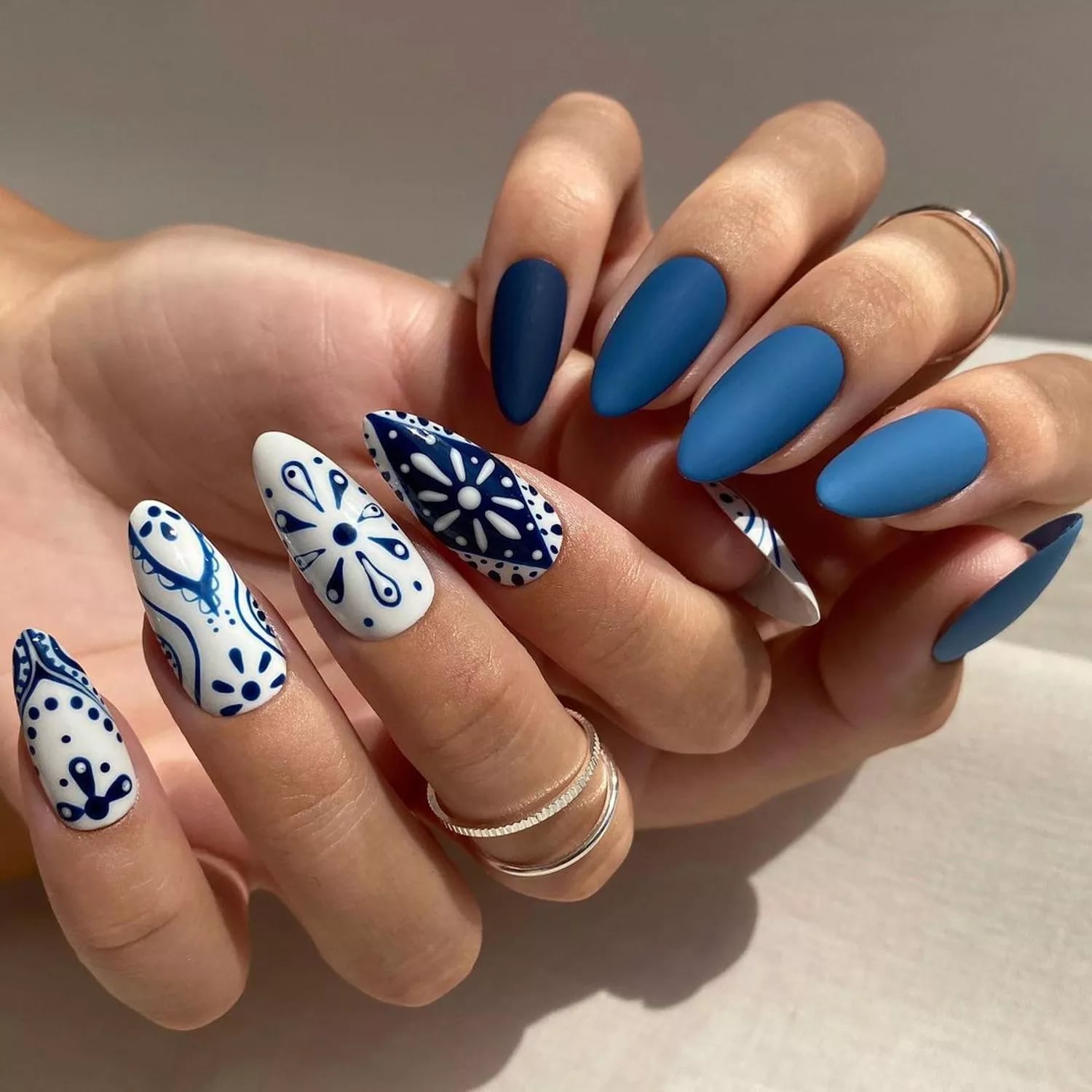 Indigo Pattern Matte Dark Blue Medium Almond Nails — Trendy Dark Blue Nails