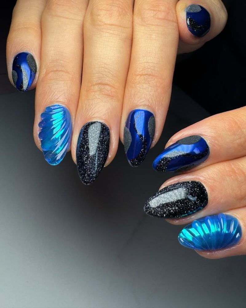 Blue Shell Texture Gray Abstract Medium Oval Nails — Trendy Dark Blue Nails