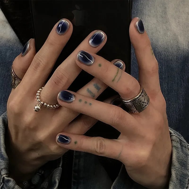 Deep Glossy Dark Blue Short Square Nails, Close-Up Take — Trendy Dark Blue Nails