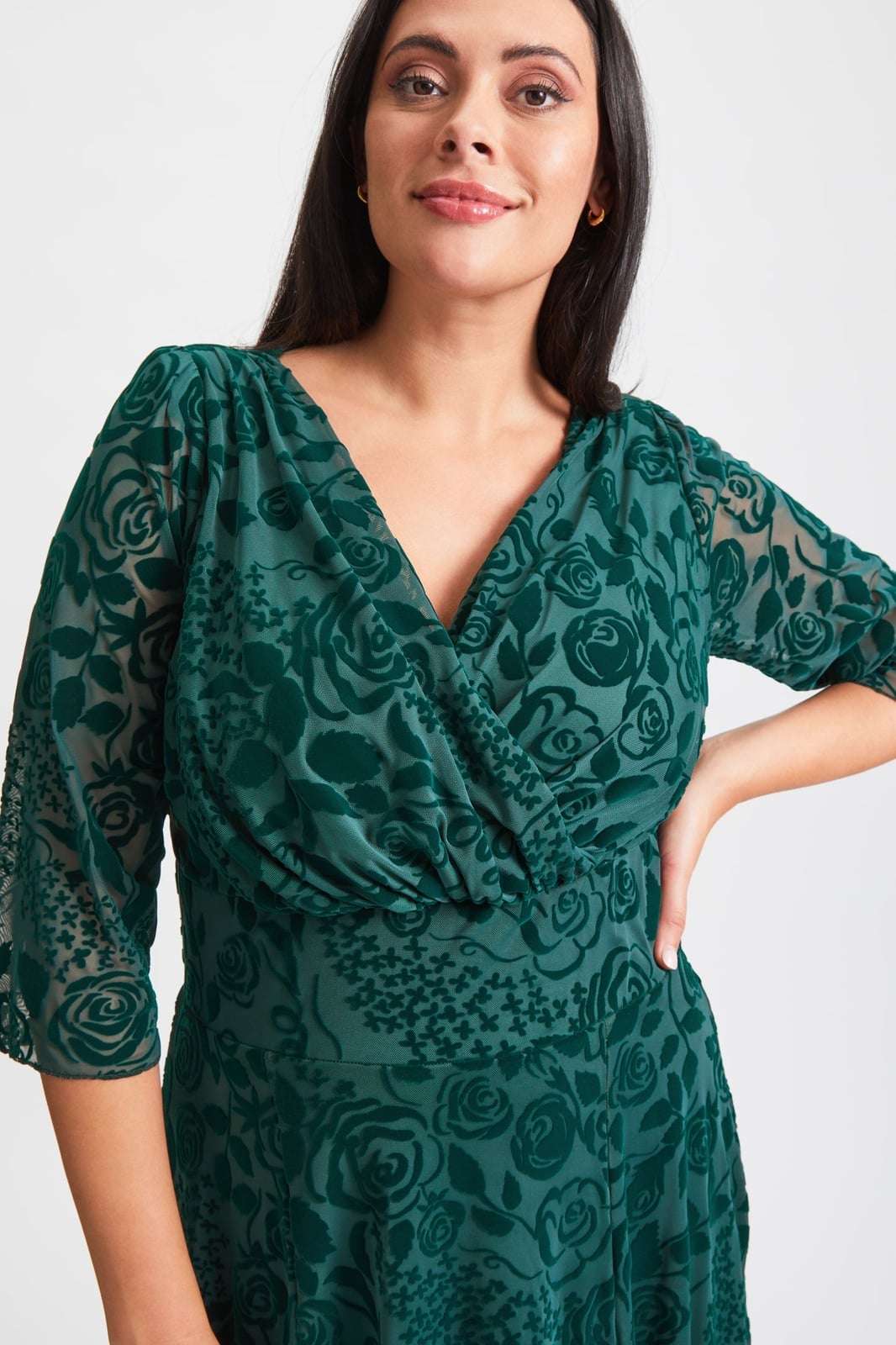 Dark green velvet maxi dress with rose flock overlay — Trendy Dark Green Dress