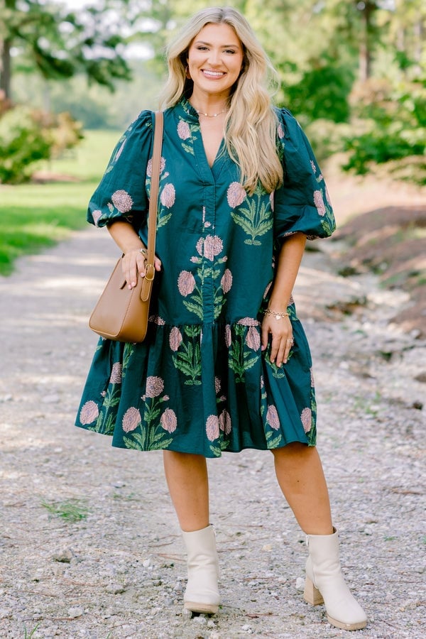 Emerald green satin one-shoulder dress with drape, Close-Up Take — Trendy Dark Green Dress