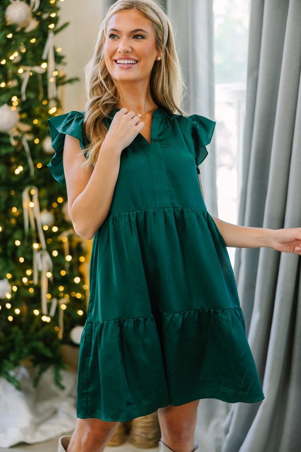 Emerald green satin tiered A-line dress — Trendy Dark Green Dress