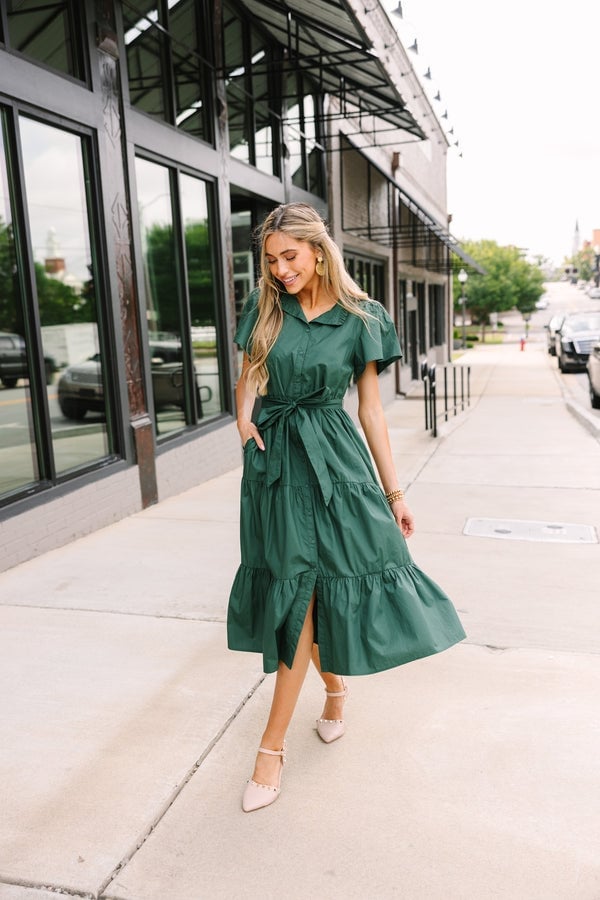 Dark green button-front midi dress with belted waist — Trendy Dark Green Dress