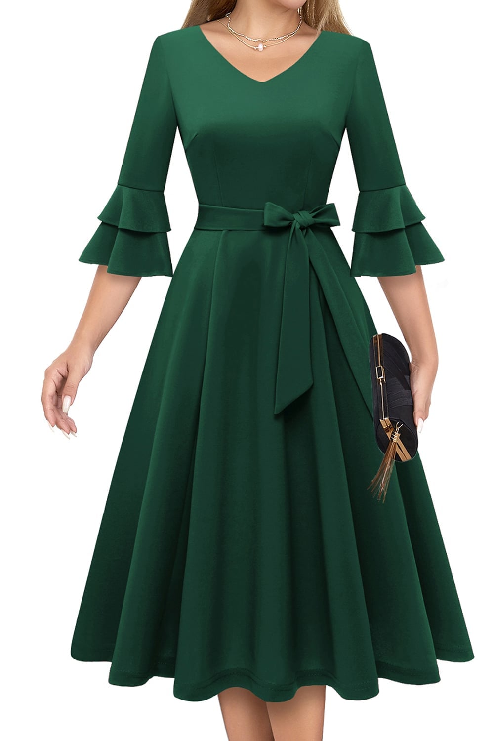 Dark green fit and flare cocktail dress with bell sleeves — Trendy Dark Green Dress