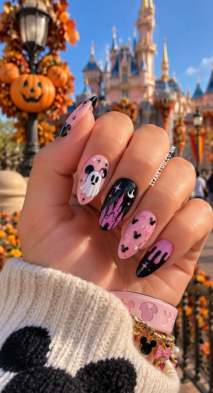 Disney-Inspired Ghost Halloween Nails with Pink Castle Art