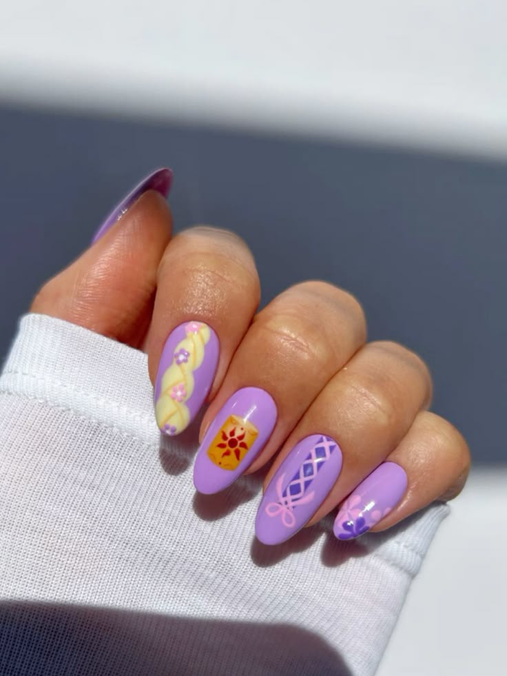 Short Oval Lavender Rapunzel Braid Sun Nails — Trendy Disney Nails