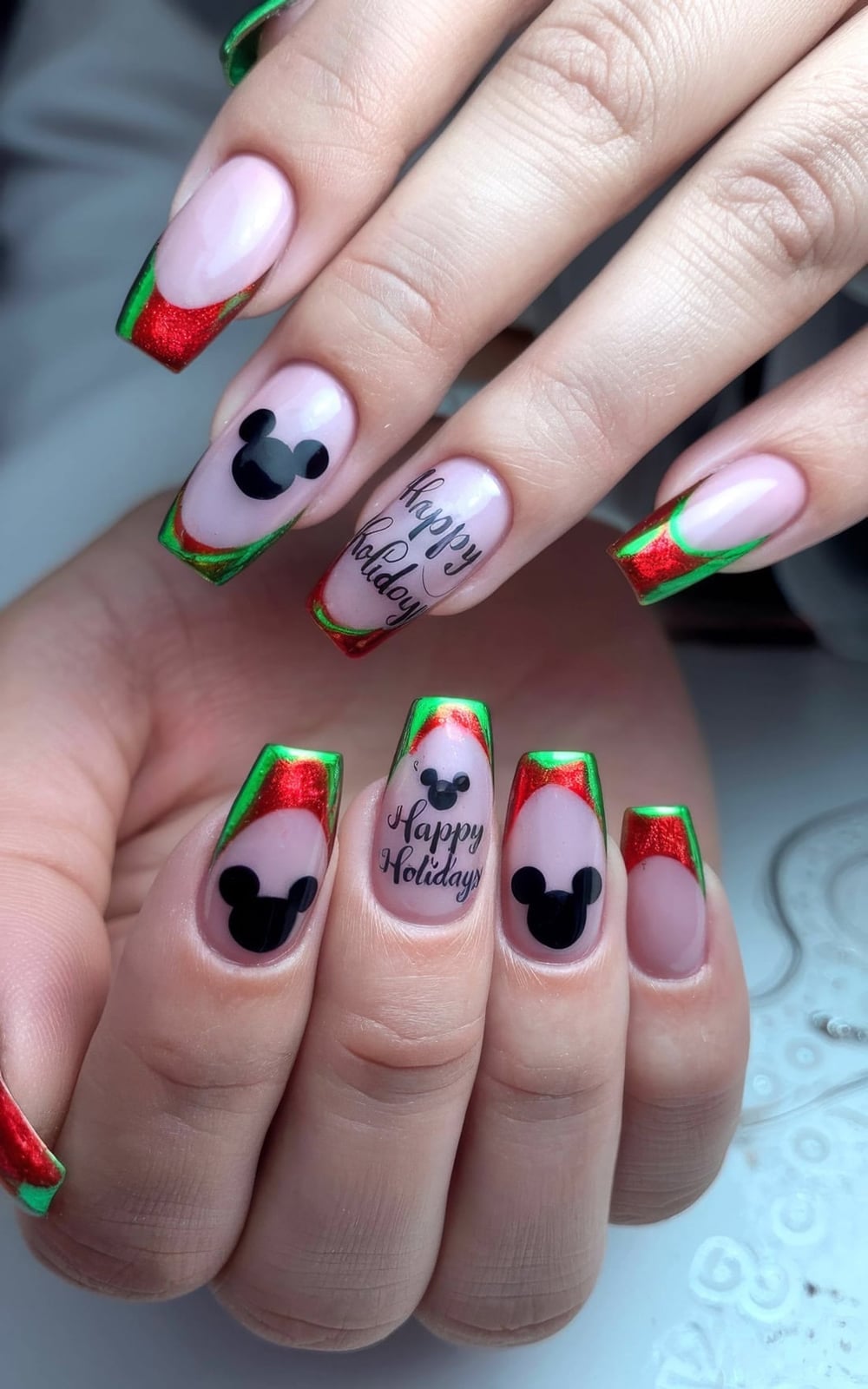 Long Coffin Christmas Mickey Holiday Nails — Trendy Disney Nails