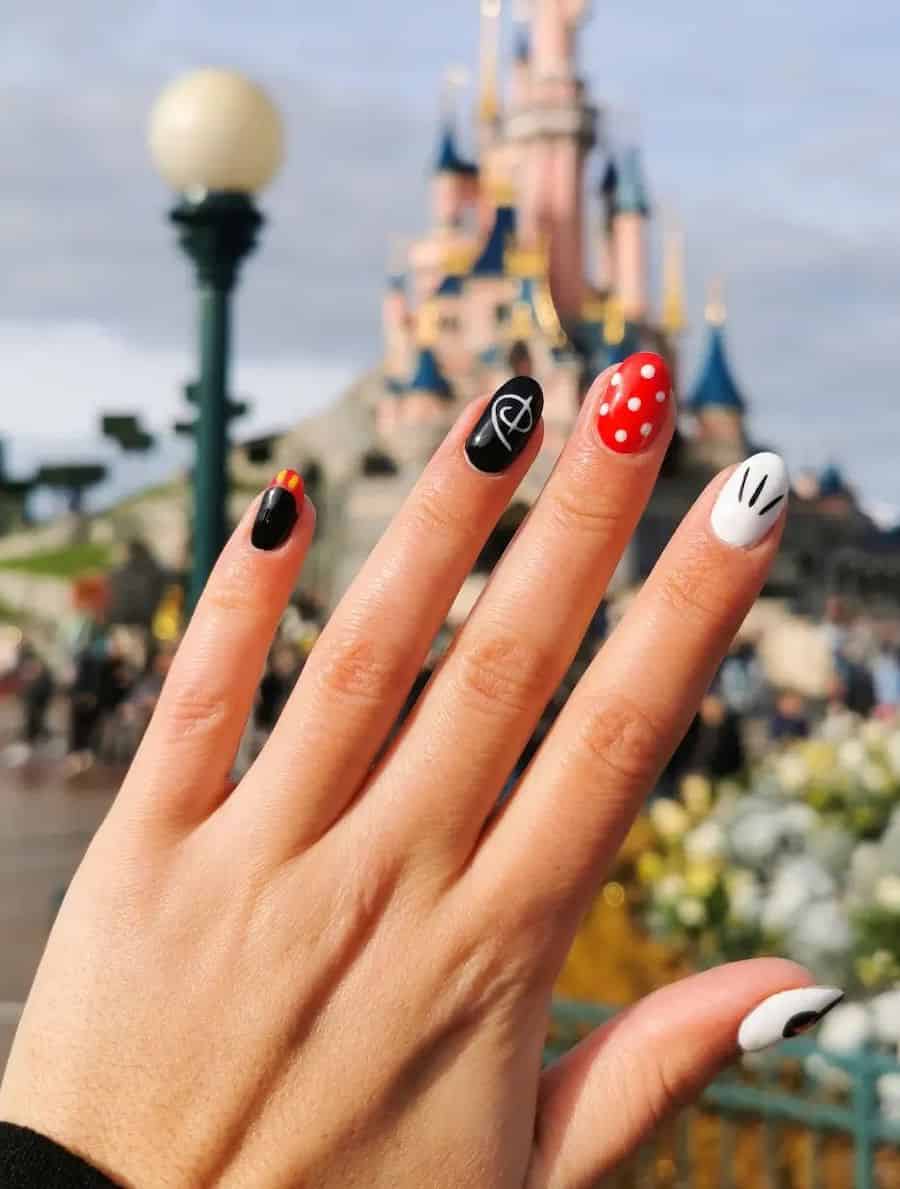 Medium Almond Black White Red Mickey Polka Dot Nails — Trendy Disney Nails